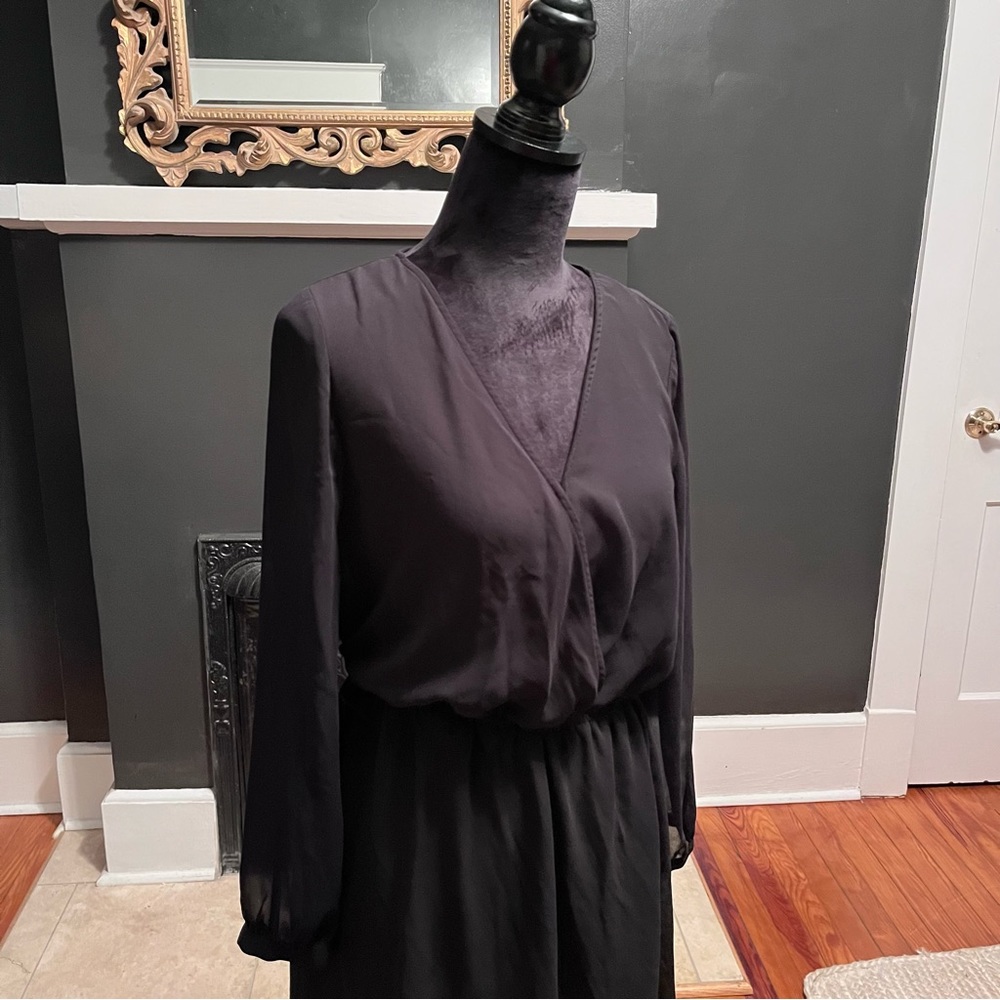 Express faux wrap, semi sheer black midi dress!